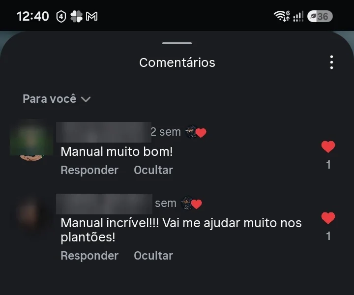 Comentários no Instagram: “Manual muito bom!” e “Manual incrível!!! Vai me ajudar muito nos plantões!”