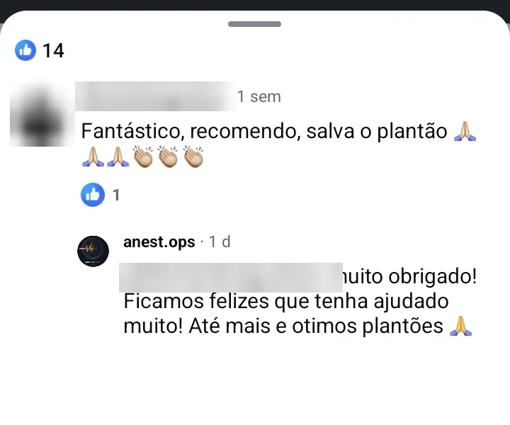 Comentário em anúncio do AnestOps: “Fantástico, recomendo, salva o plantão”, com resposta do perfil anest.ops agradecendo.