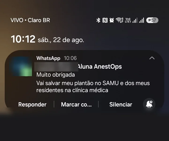 Notificação de WhatsApp de uma aluna: “Muito obrigada. Vai salvar meu plantão no SAMU e dos meus residentes na clínica médica”.