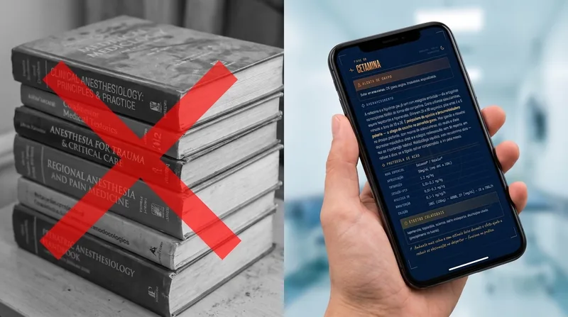 À esquerda, uma pilha de livros-texto de anestesiologia riscada com um X vermelho; à direita, uma mão segurando um celular com uma ficha do AnestOps aberta na tela